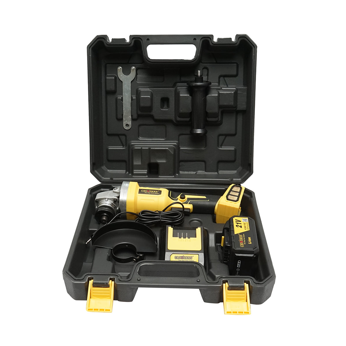 Cordless angle grinder with lithium battery 21V/4Ah, brushless motor, 3 speed settings, disc diameter 115mm Crownman